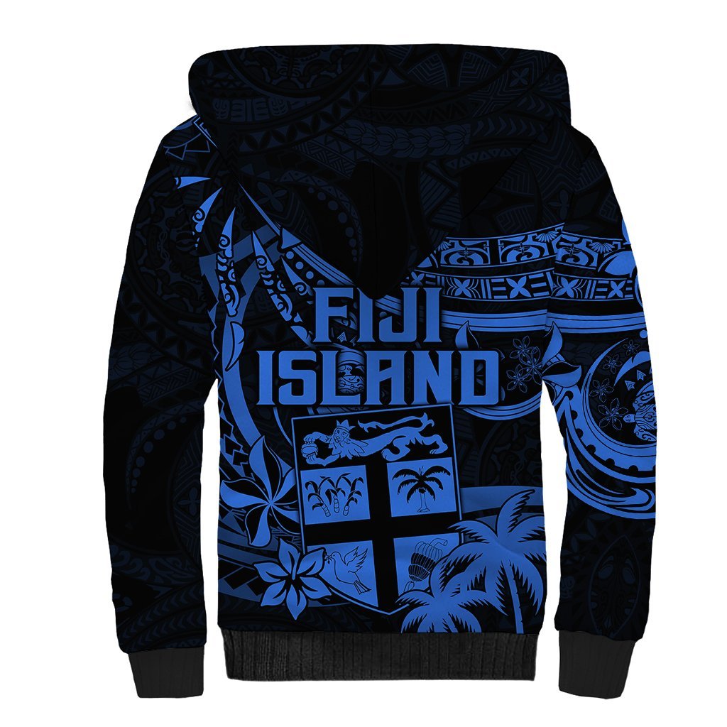 Fiji Islands Sherpa Hoodie Coat of Arms Fijian Flower Polynesian Pattern Blue