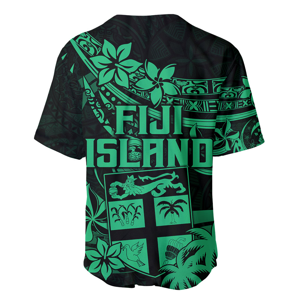 Fiji Islands Baseball Jersey Coat of Arms Fijian Flower Polynesian Pattern Green