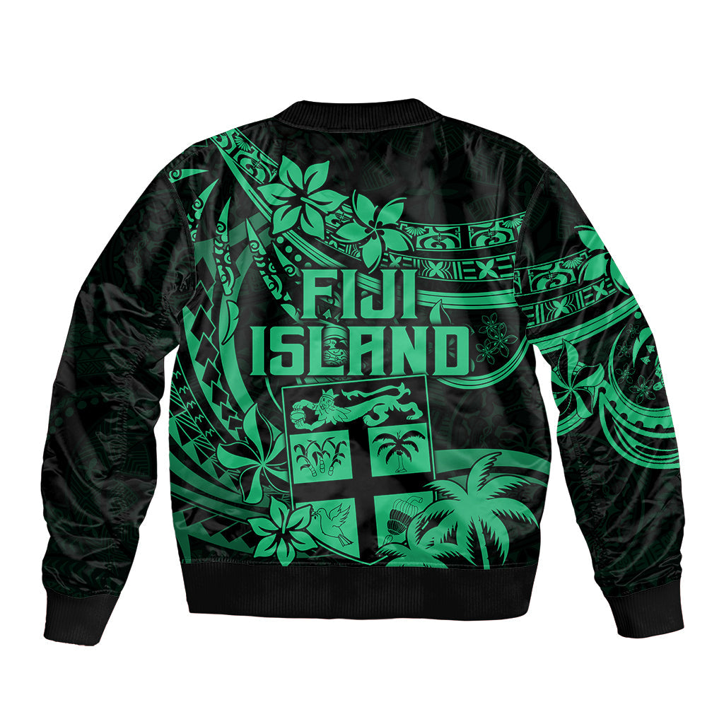 Fiji Islands Bomber Jacket Coat of Arms Fijian Flower Polynesian Pattern Green