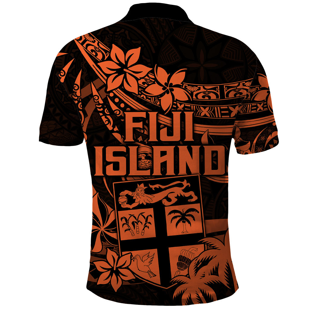 Fiji Islands Polo Shirt Coat of Arms Fijian Flower Polynesian Pattern - Orange