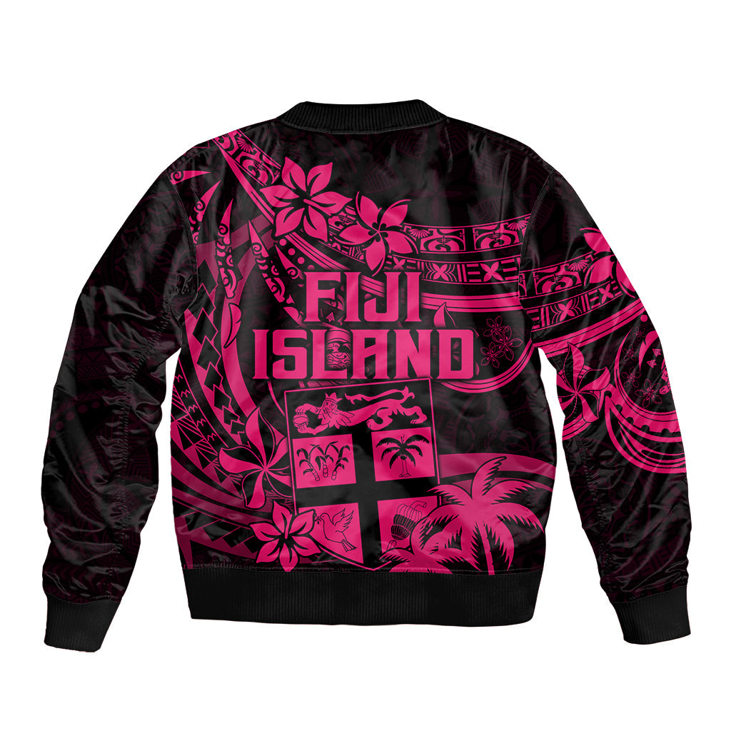 Fiji Islands Bomber Jacket Coat of Arms Fijian Flower Polynesian Pattern Pink