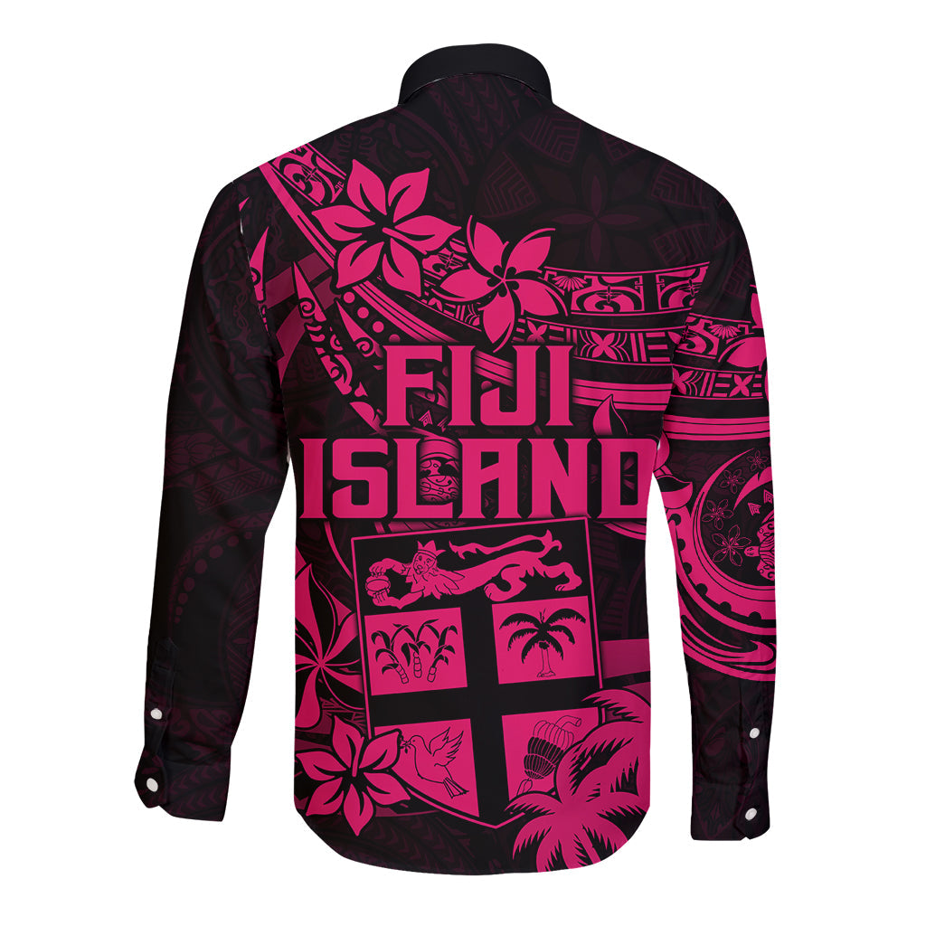 Fiji Islands Long Sleeve Button Shirt Coat of Arms Fijian Flower Polynesian Pattern Pink