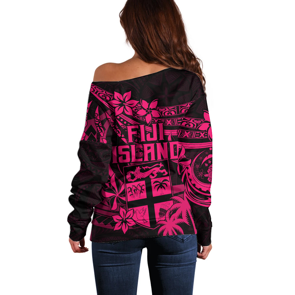 Fiji Islands Off Shoulder Sweater Coat of Arms Fijian Flower Polynesian Pattern Pink