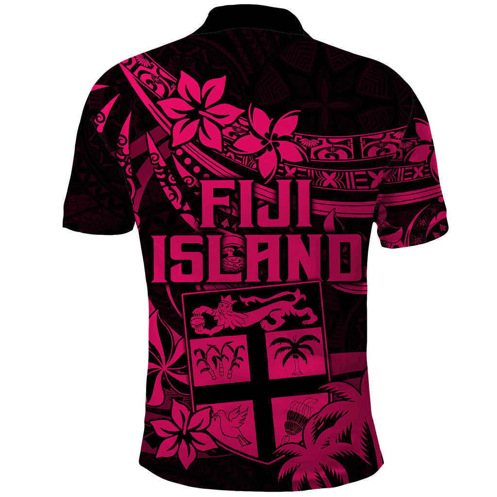 Fiji Islands Polo Shirt Coat of Arms Fijian Flower Polynesian Pattern - Pink