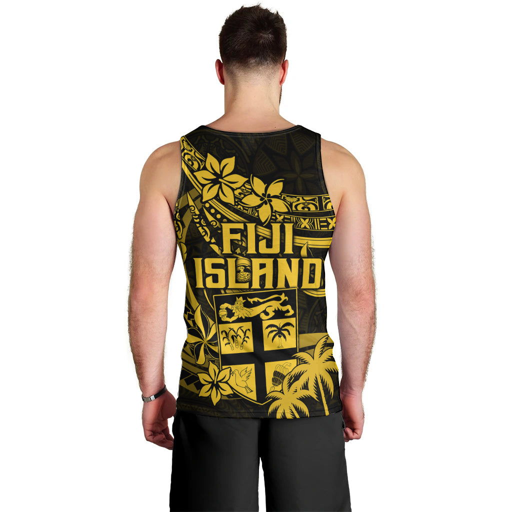 Fiji Islands Men Tank Top Coat of Arms Fijian Flower Polynesian Pattern Yellow