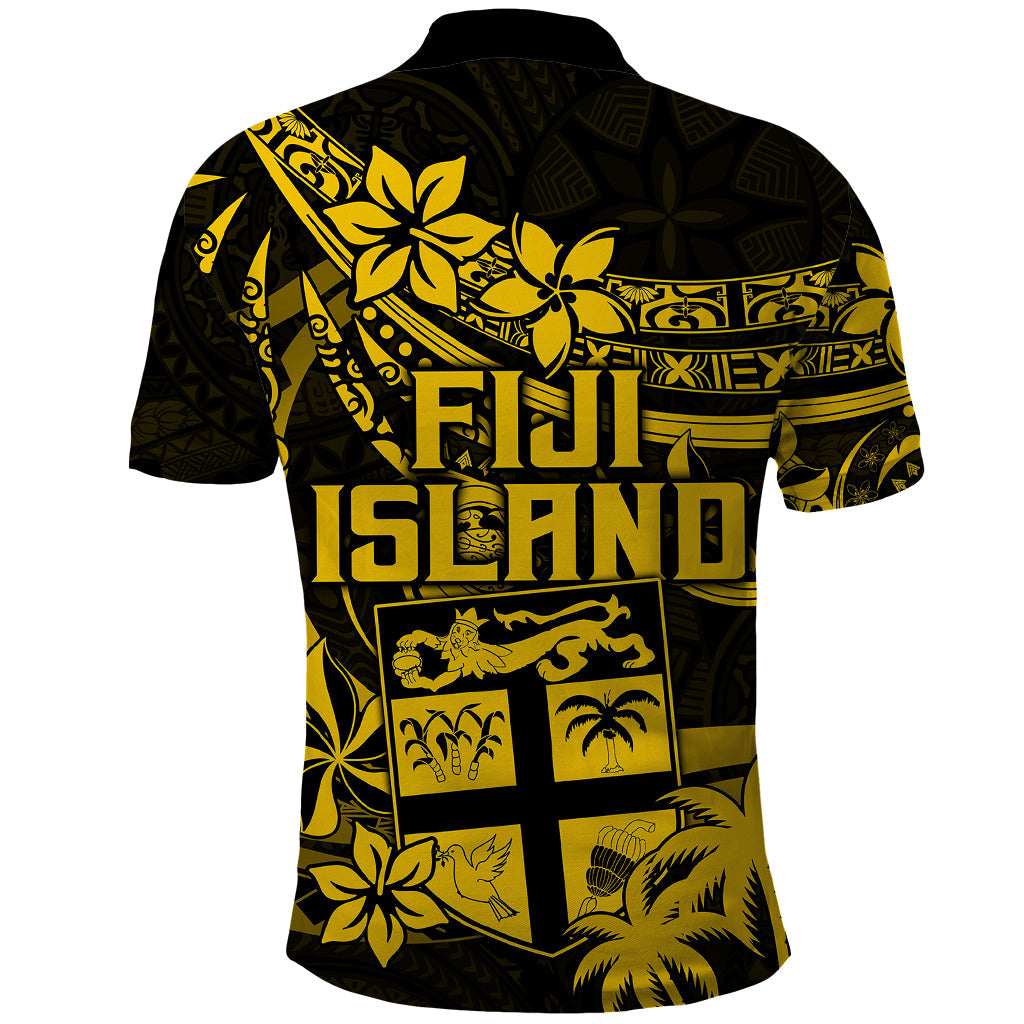 Fiji Islands Polo Shirt Coat of Arms Fijian Flower Polynesian Pattern - Yellow