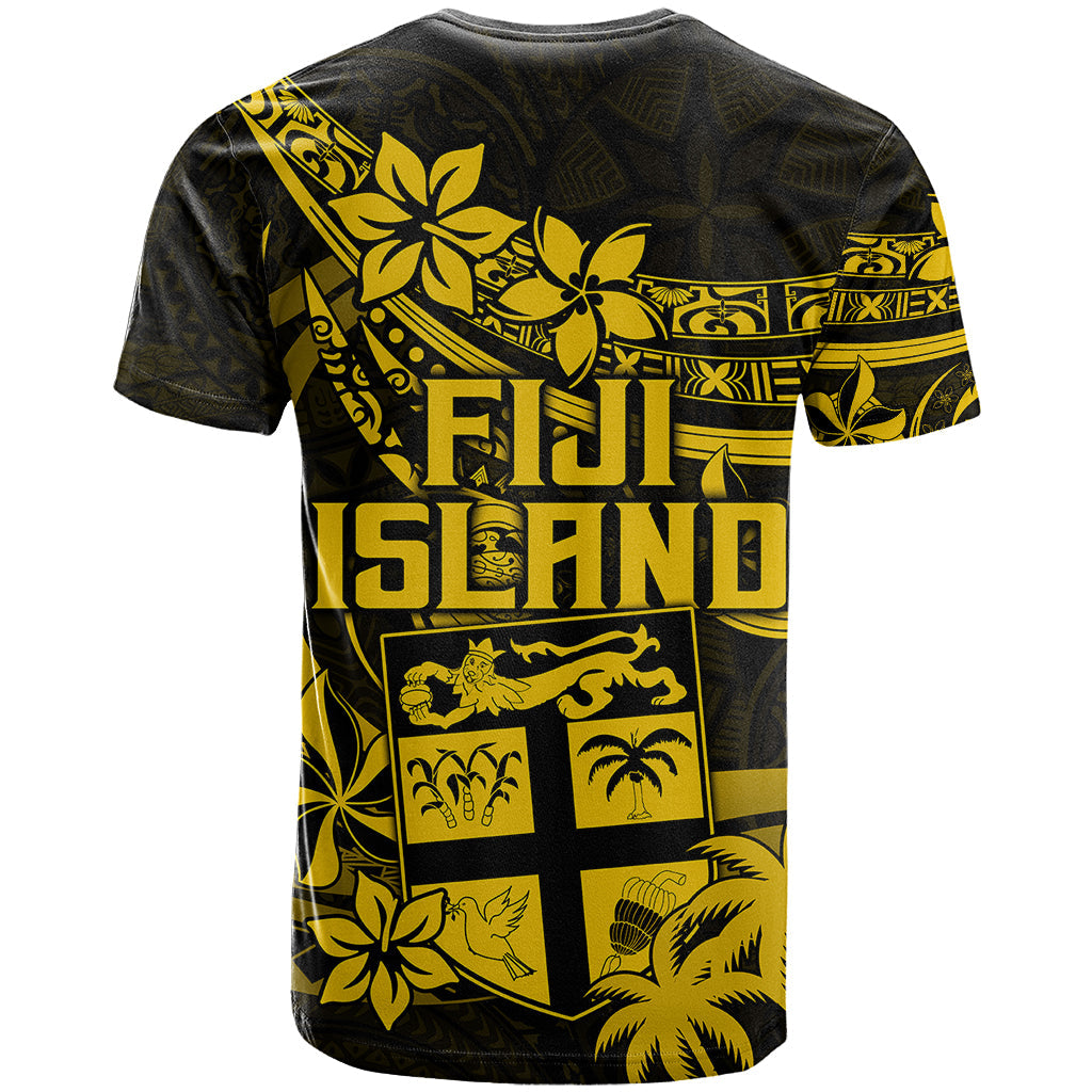 Fiji Islands T Shirt Coat of Arms Fijian Flower Polynesian Pattern Yellow