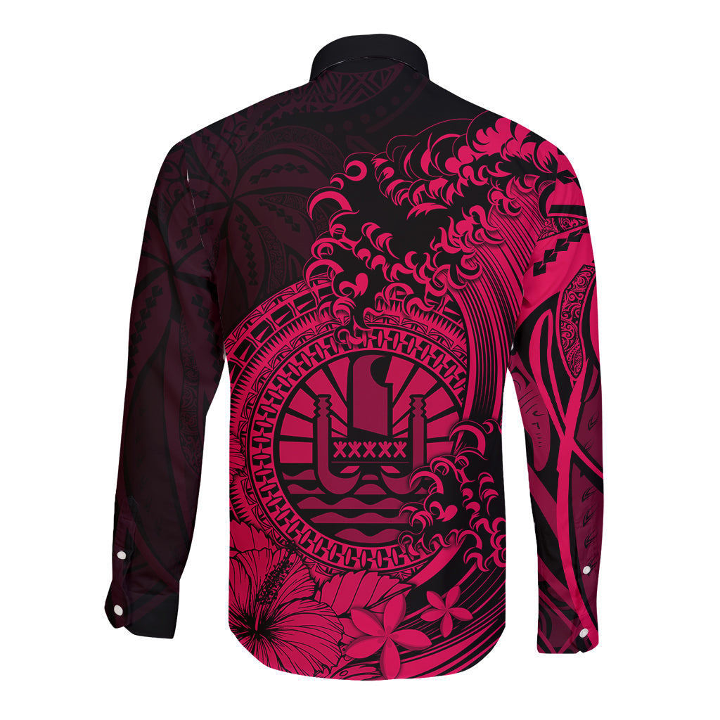 Polynesian Tahiti Island Long Sleeve Button Shirt The Wave of Water Pink