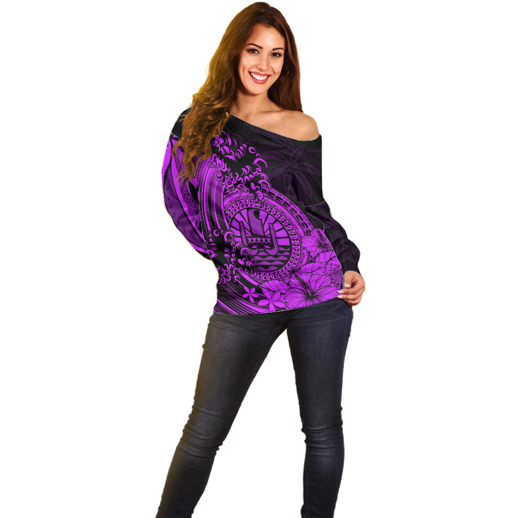 Polynesian Tahiti Island Off Shoulder Sweater The Wave of Water Purple