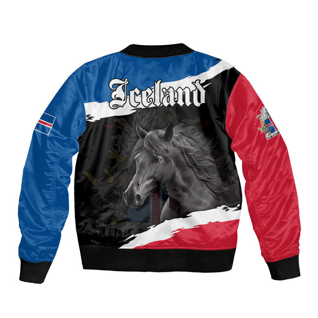 Icelandic Horse Sleeve Zip Bomber Jacket Icelandic Coat of Arm - Black