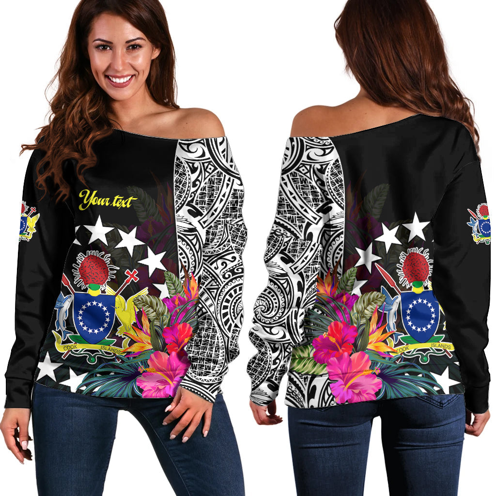 (Custom Personalised) Cook Island Off Shoulder Sweater Tribal Polynesian and Tropical Flowers