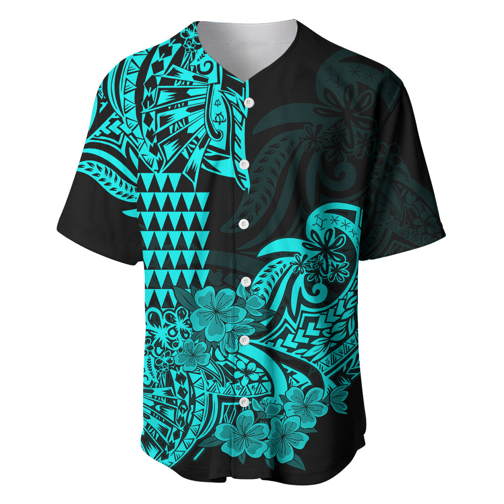 Hawaii Kakau Baseball Jersey Polynesian Floral Tribal Aqua Version