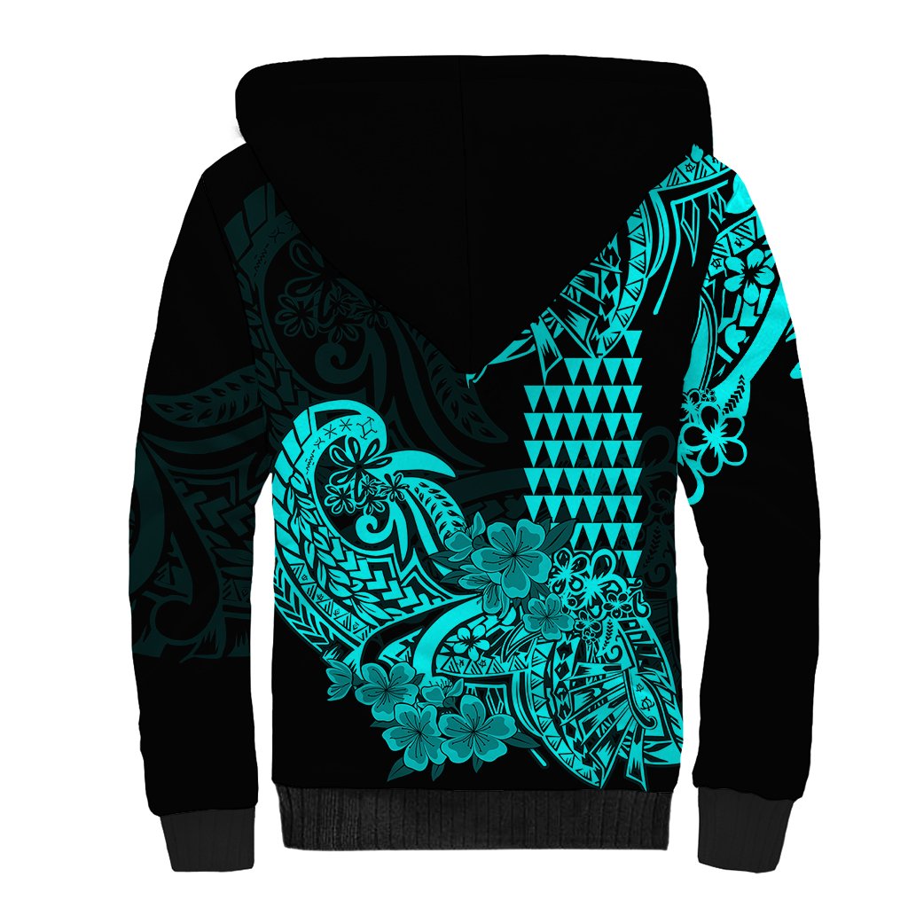 Hawaii Kakau Sherpa Hoodie Polynesian Floral Tribal Aqua Version