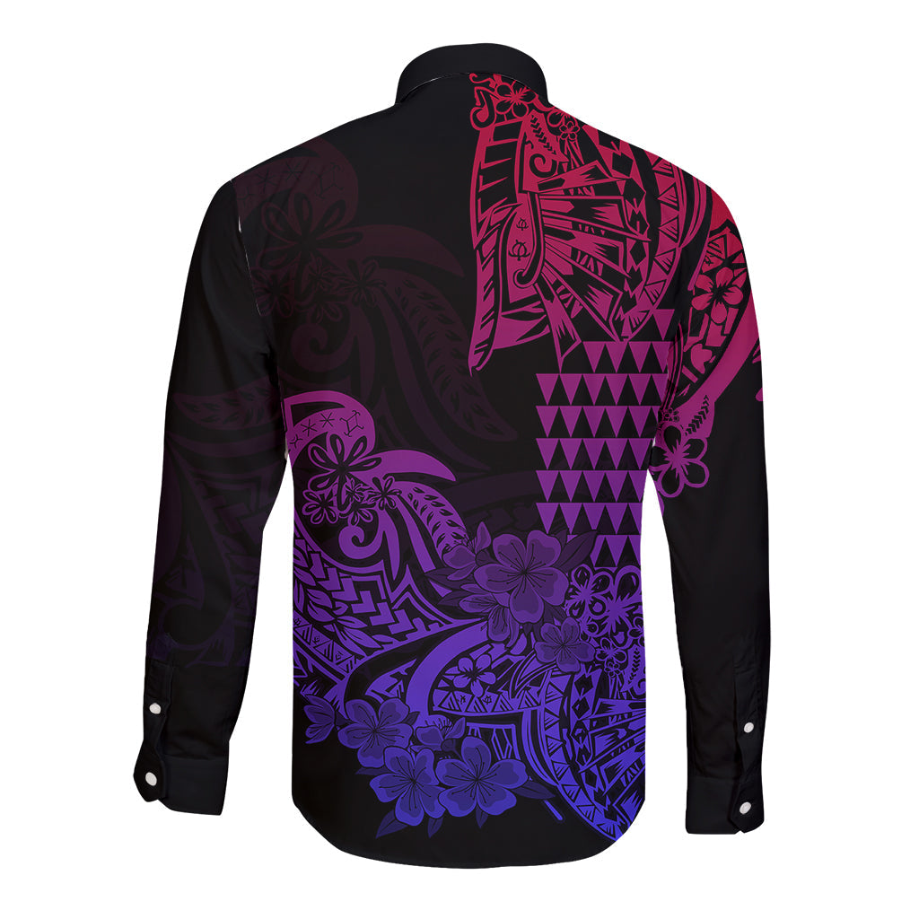 Hawaii Kakau Long Sleeve Button Shirt Polynesian Floral Tribal Gradient Version