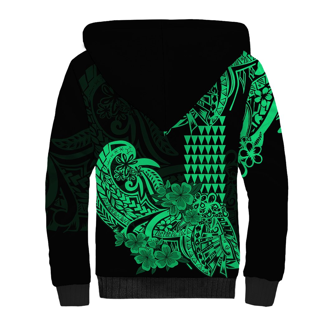 Hawaii Kakau Sherpa Hoodie Polynesian Floral Tribal Green Version