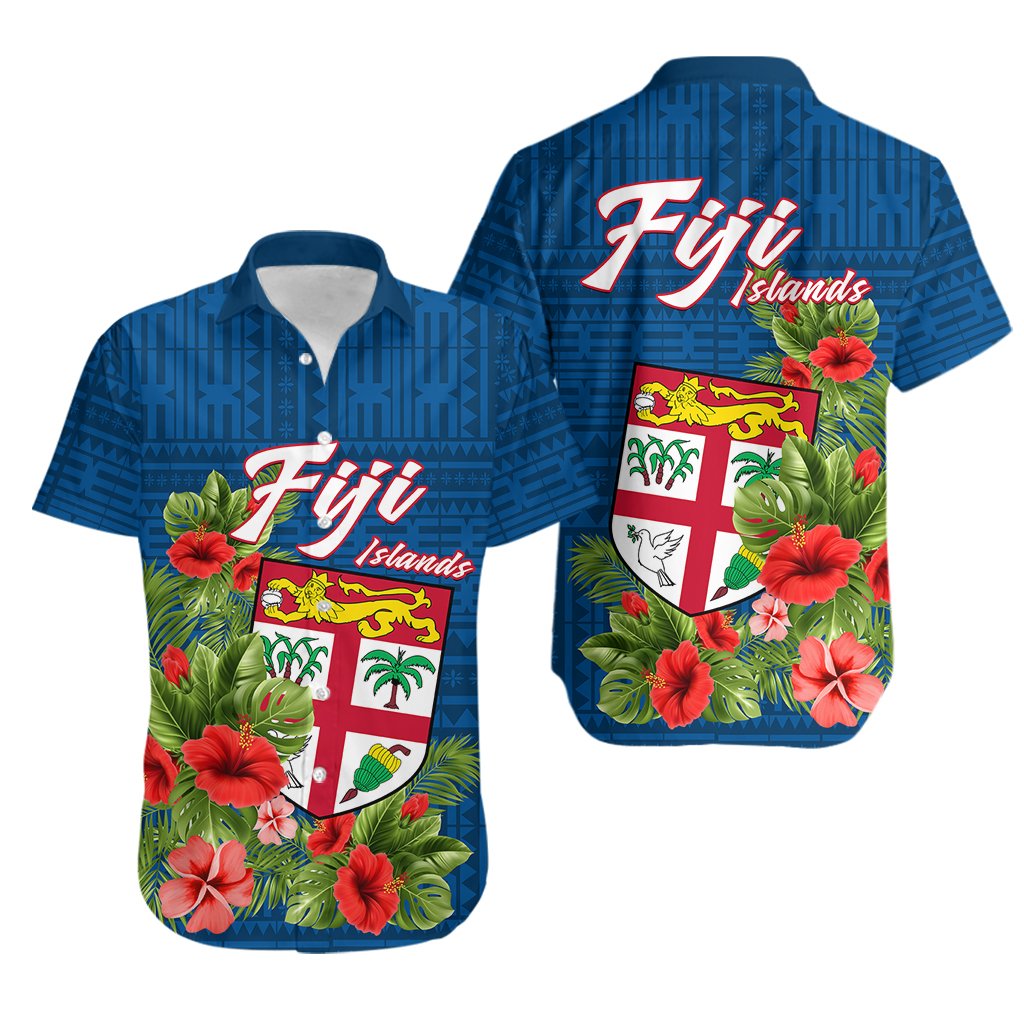 Polynesian Fiji Hawaiian Shirt Tropical Flowers and Tapa Pattern