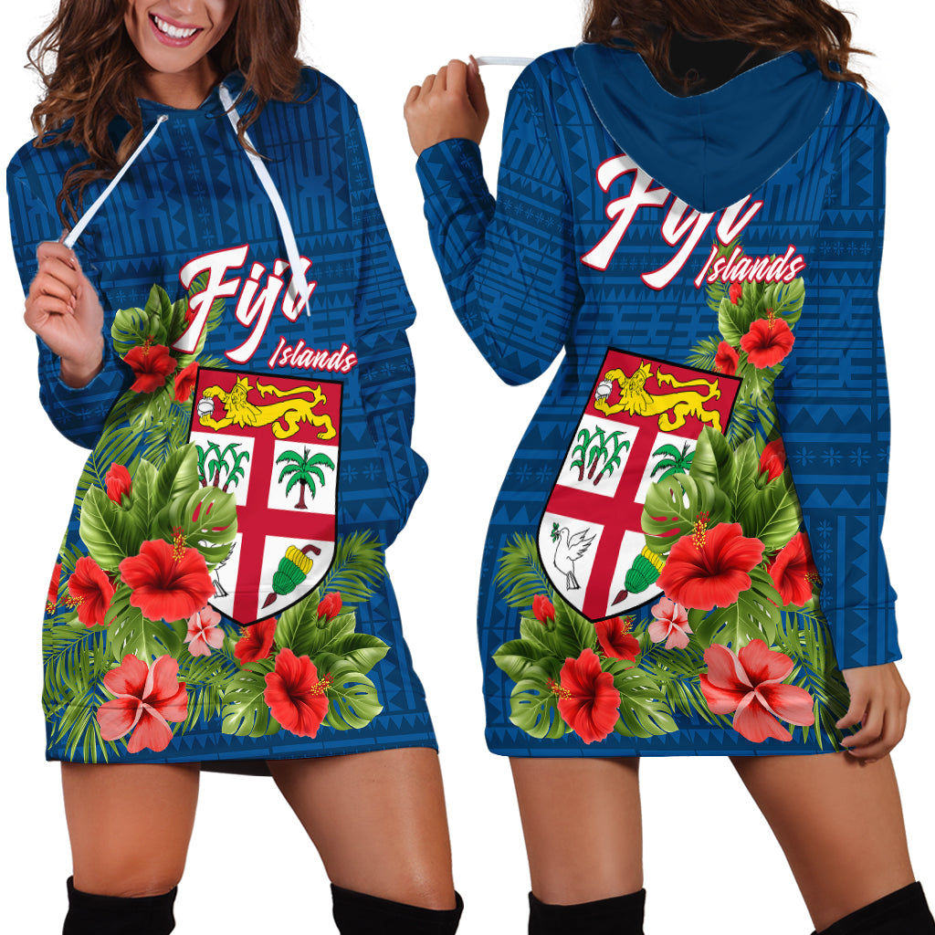 Polynesian Fiji Hoodie Dress Tropical Flowers and Tapa Pattern