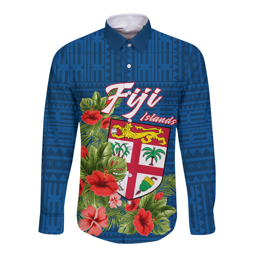 Fiji Long Sleeve Button Shirt Tropical Flowers and Tapa Pattern
