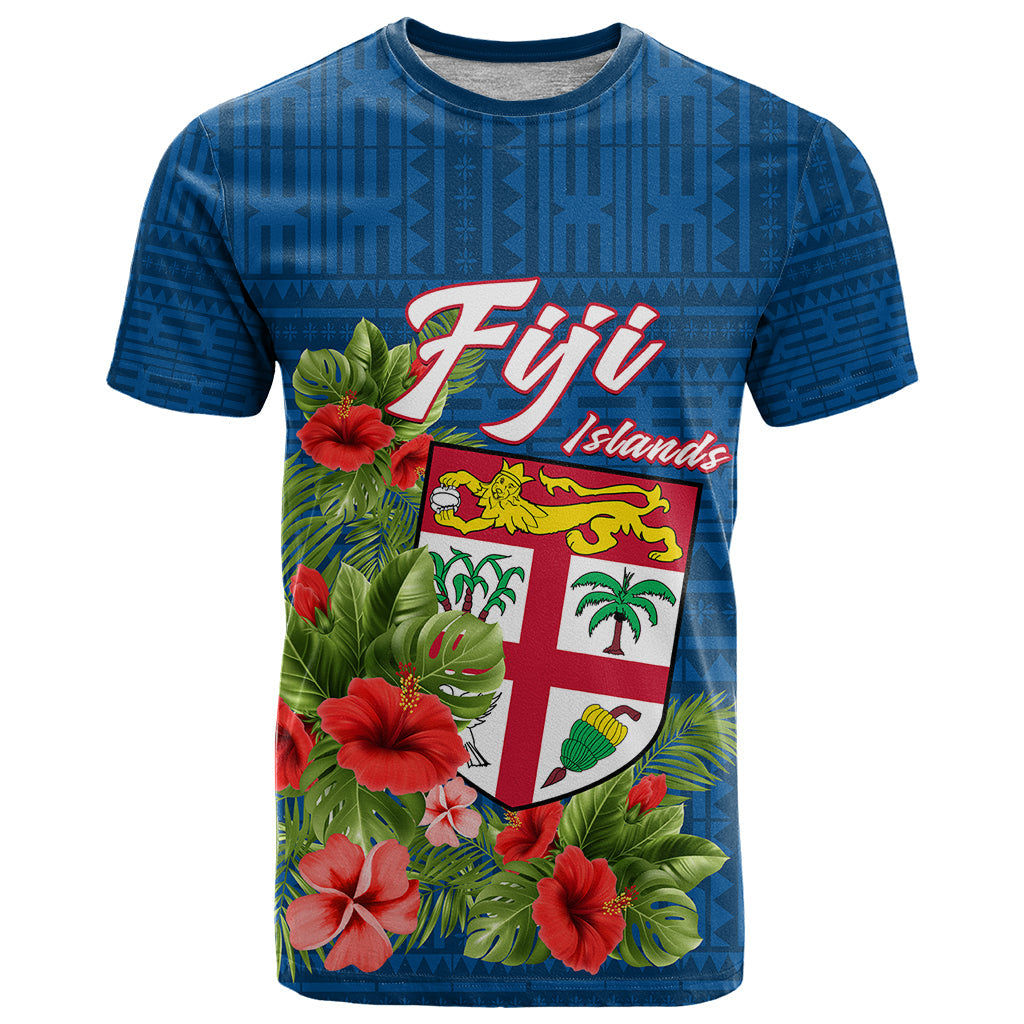 Fiji T Shirt Tropical Flowers and Tapa Pattern
