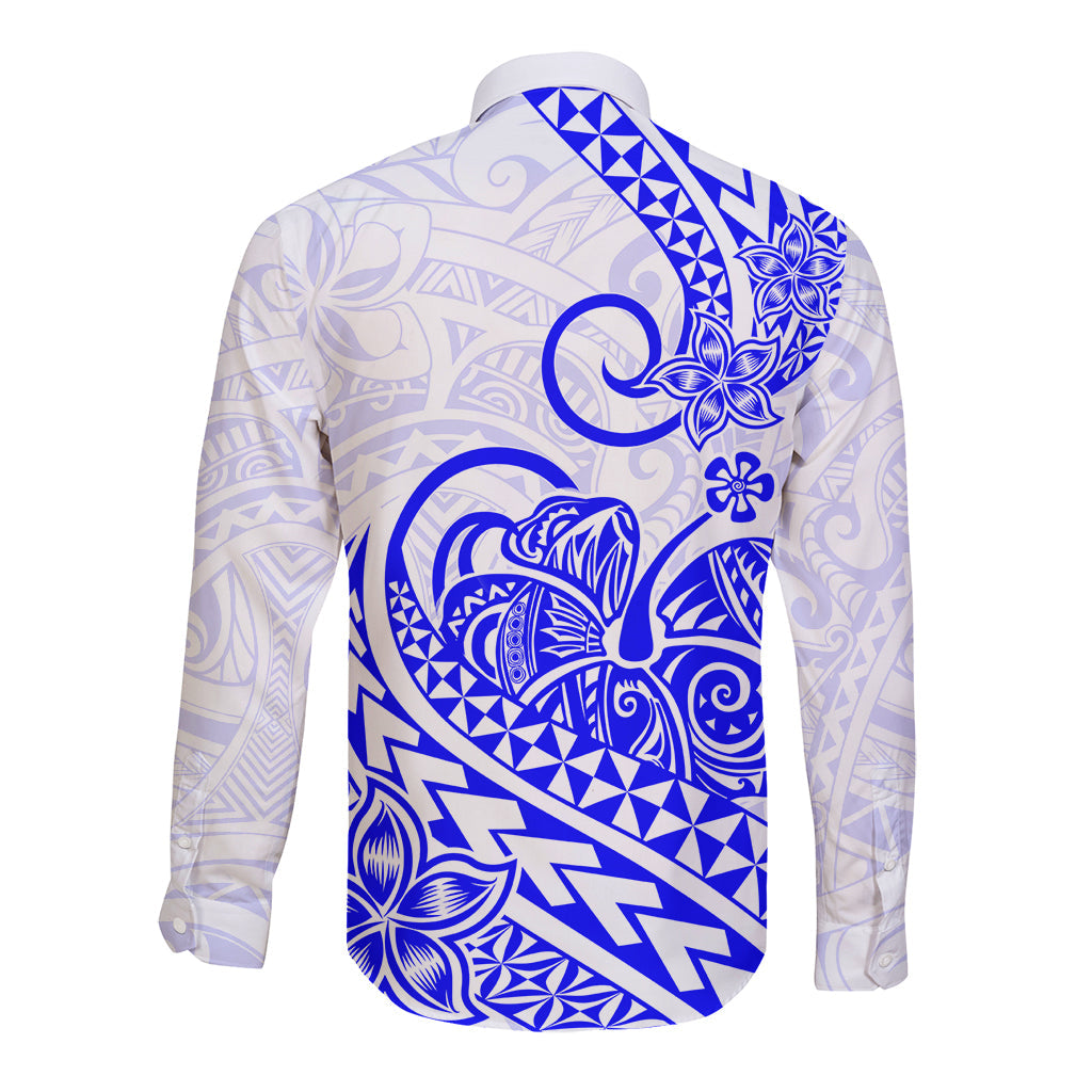 Polynesian Long Sleeve Button Shirt Tribal Tattoo Blue Screen Color