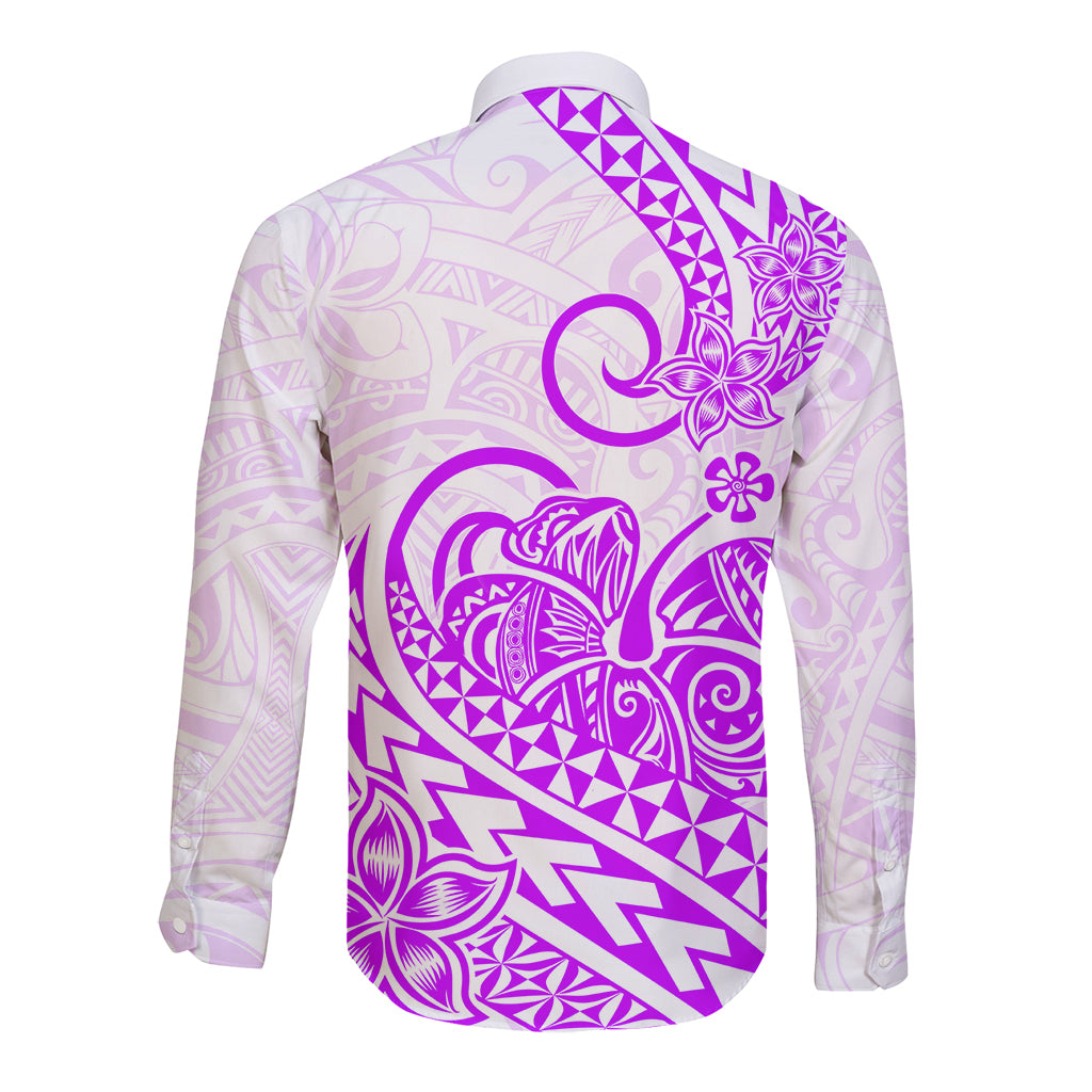 Polynesian Long Sleeve Button Shirt Tribal Tattoo Purple Screen Color