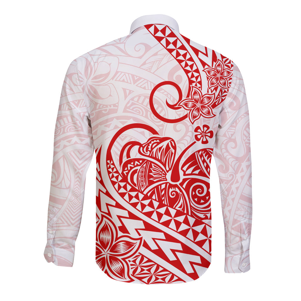 Polynesian Long Sleeve Button Shirt Tribal Tattoo Red Screen Color