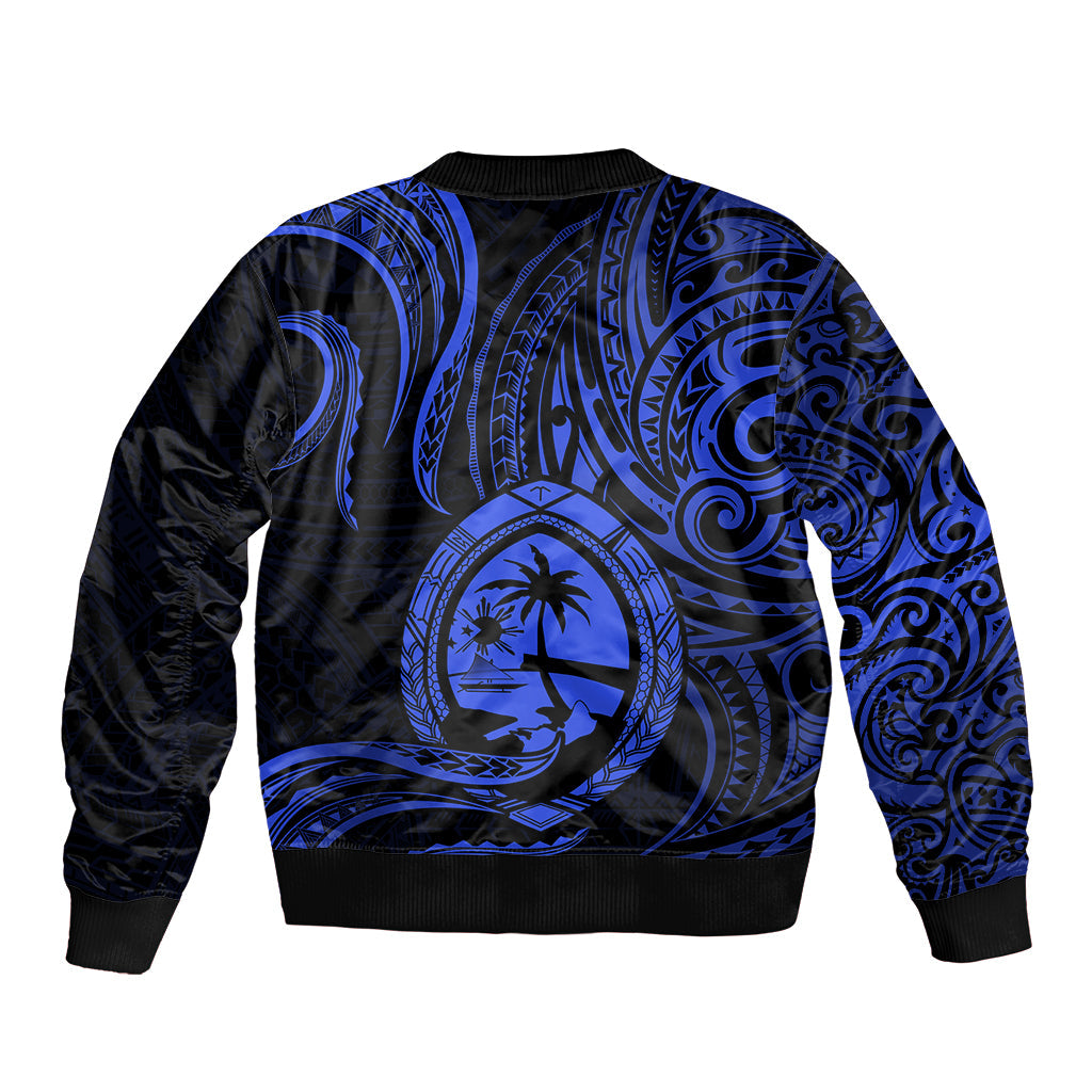Polynesian Guam Bomber Jacket With Polynesian Tribal Tattoo and Coat of Arms Blue Version