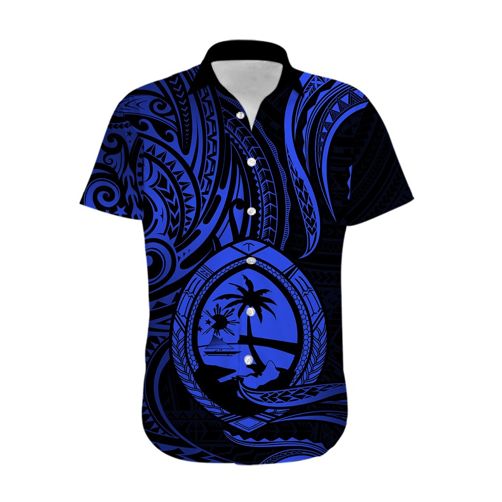 Polynesian Guam Hawaiian Shirt With Polynesian Tribal Tattoo and Coat of Arms Blue Version