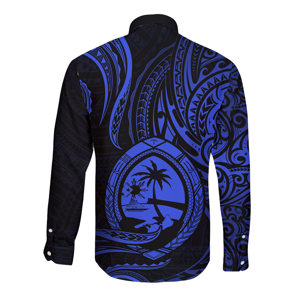 Polynesian Guam Long Sleeve Button Shirt With Polynesian Tribal Tattoo and Coat of Arms Blue Version