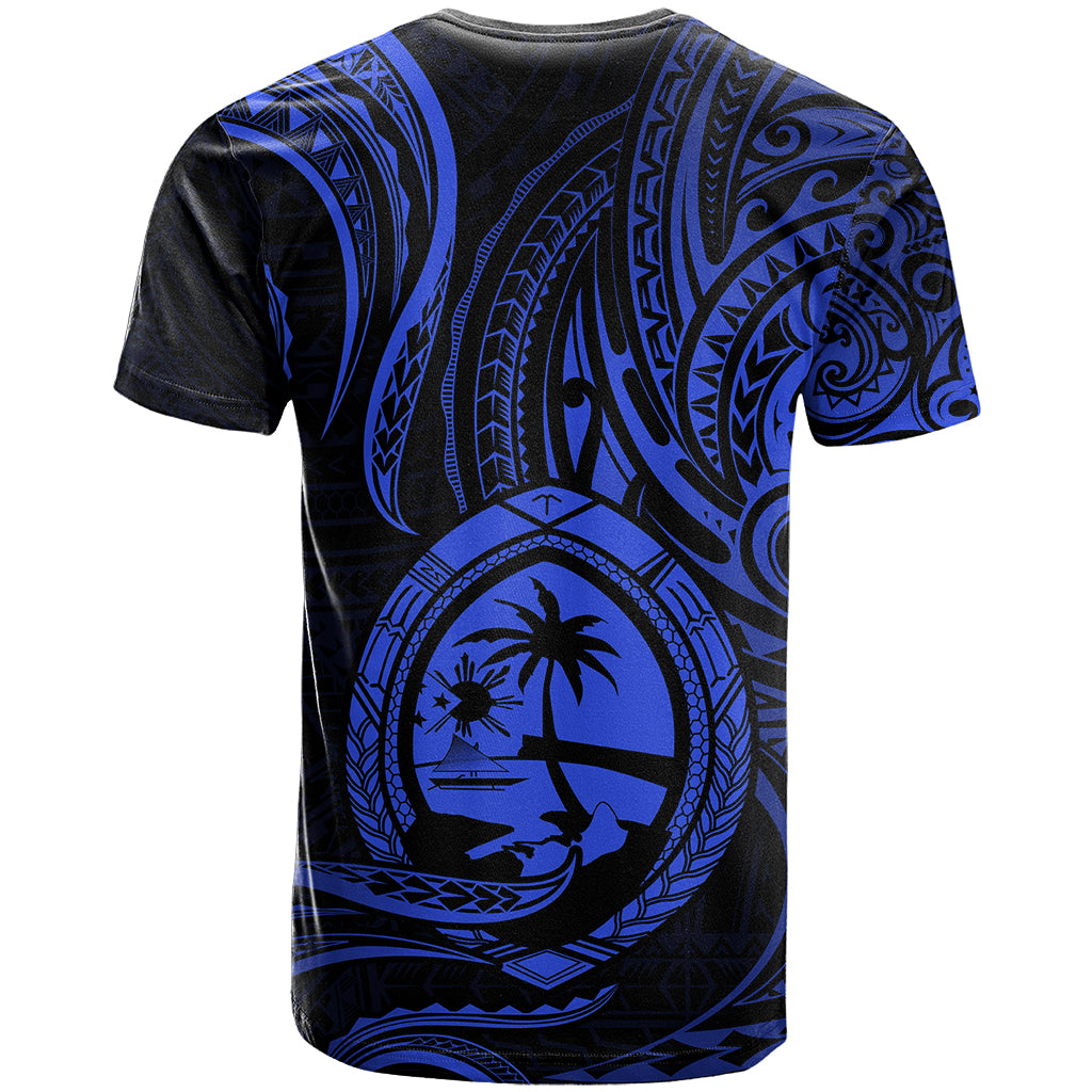 Polynesian Guam T Shirt With Polynesian Tribal Tattoo and Coat of Arms Blue Version