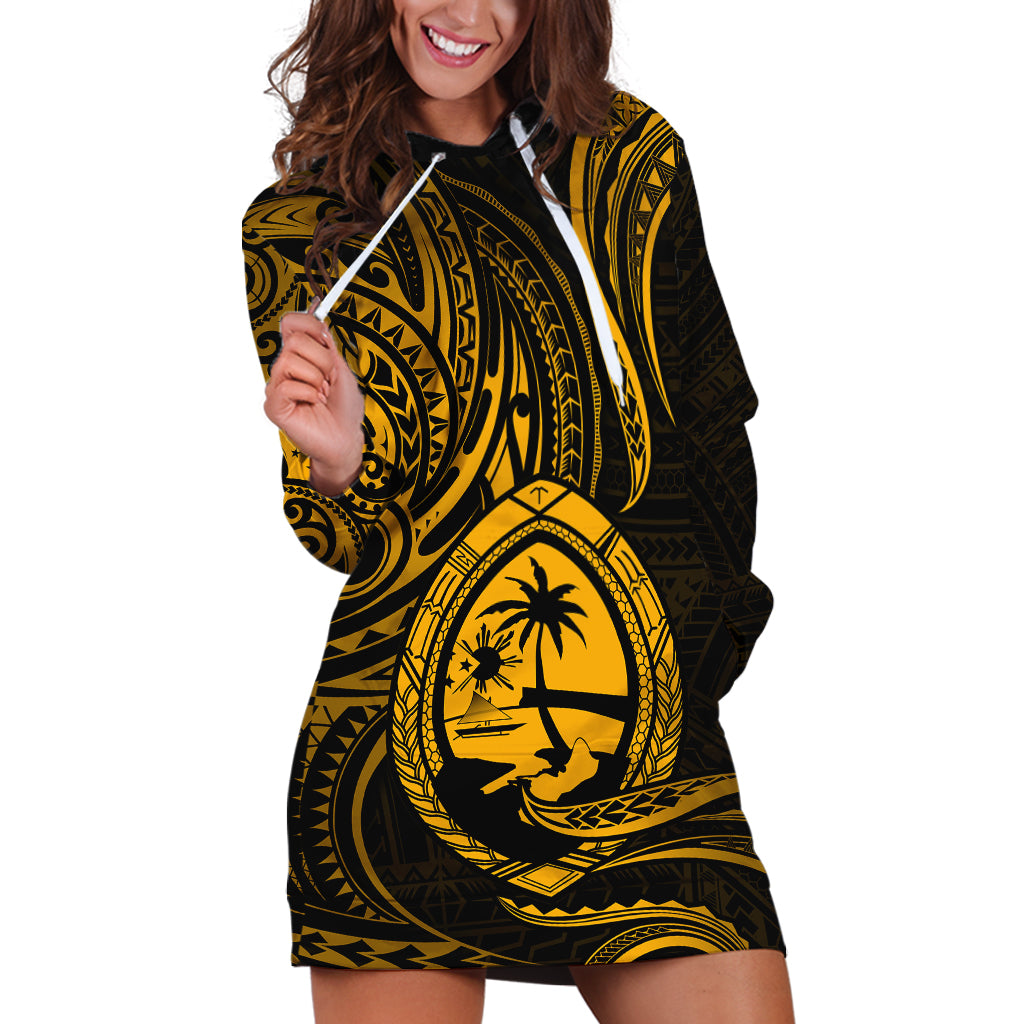 Polynesian Guam Hoodie Dress With Polynesian Tribal Tattoo and Coat of Arms Gold Version