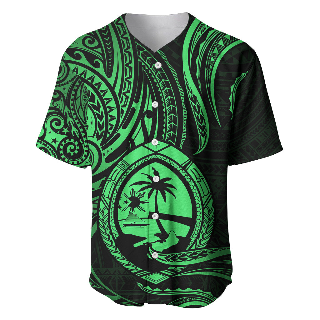 Polynesian Guam Baseball Jersey With Polynesian Tribal Tattoo and Coat of Arms Green Version