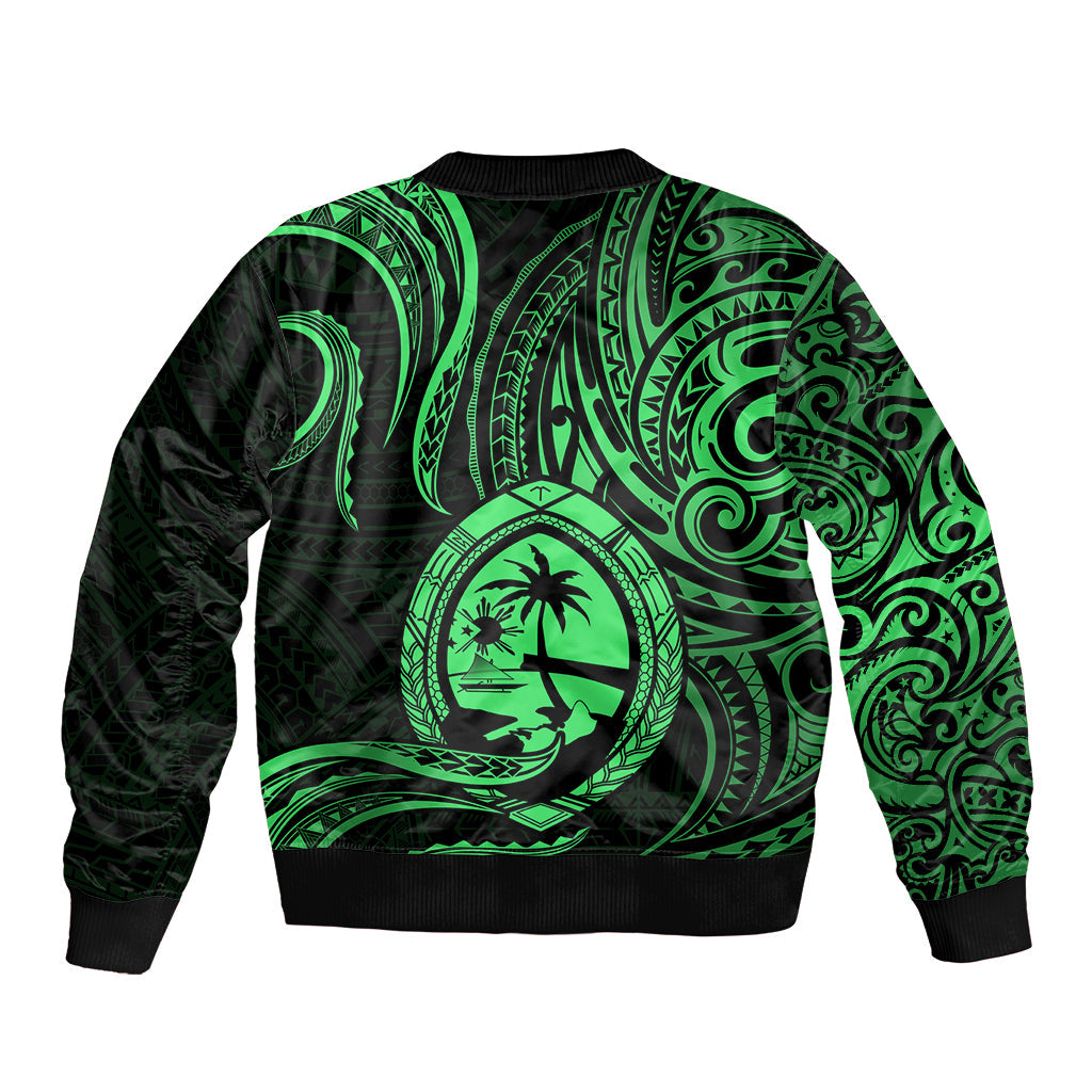 Polynesian Guam Bomber Jacket With Polynesian Tribal Tattoo and Coat of Arms Green Version