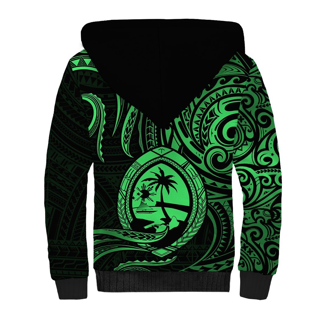 Polynesian Guam Sherpa Hoodie With Polynesian Tribal Tattoo and Coat of Arms Green Version