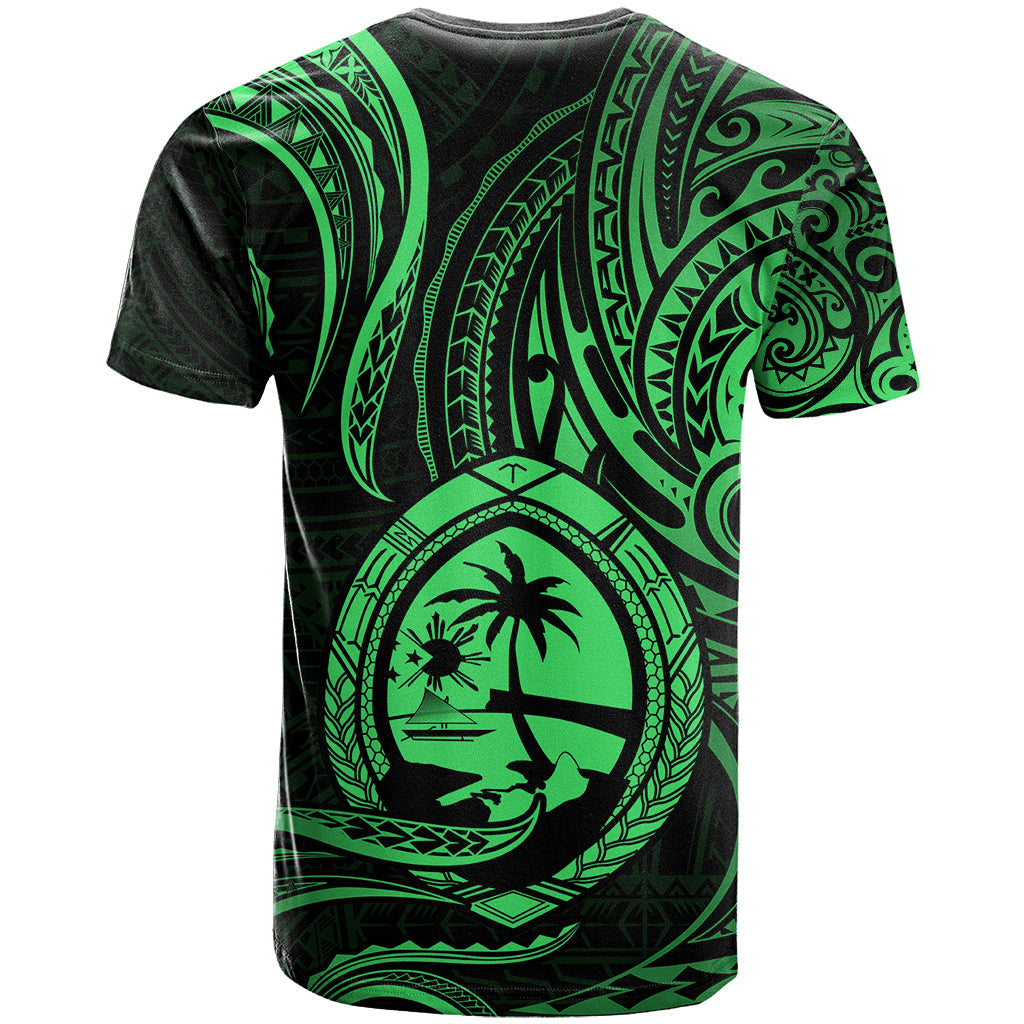 Polynesian Guam T Shirt With Polynesian Tribal Tattoo and Coat of Arms Green Version