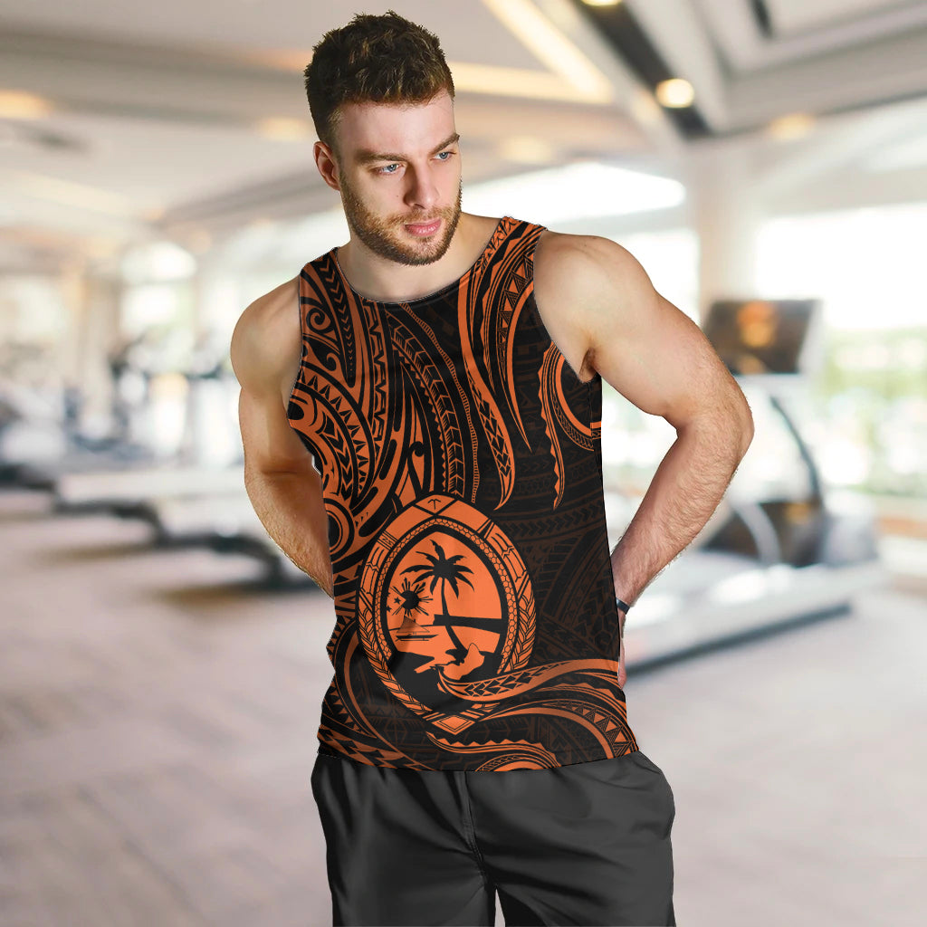 Polynesian Pride Guam Men Tank Top With Polynesian Tribal Tattoo and Coat of Arms Orange Version