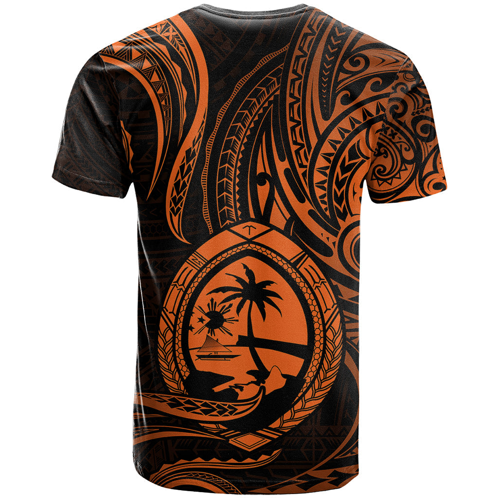Polynesian Guam T Shirt With Polynesian Tribal Tattoo and Coat of Arms Orange Version