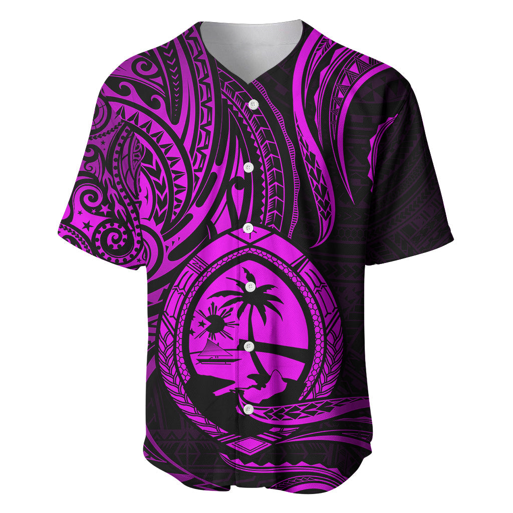 Polynesian Guam Baseball Jersey With Polynesian Tribal Tattoo and Coat of Arms Purple Version