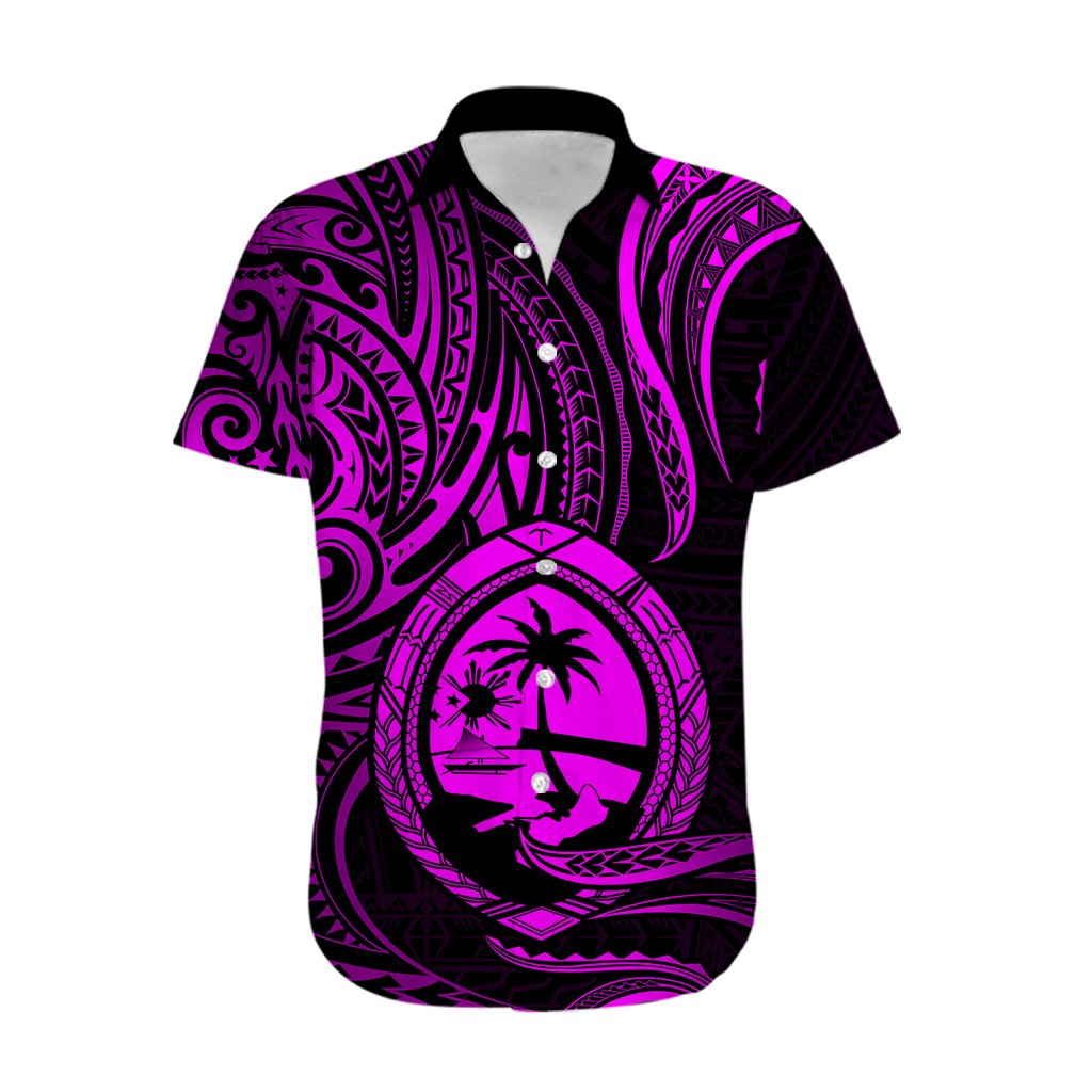 Polynesian Guam Hawaiian Shirt With Polynesian Tribal Tattoo and Coat of Arms Purple Version