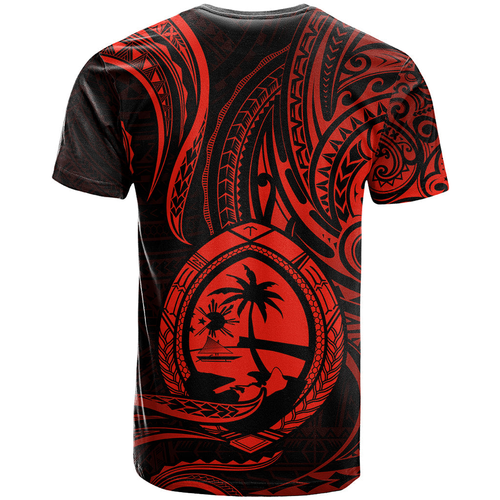 Polynesian Guam T Shirt With Polynesian Tribal Tattoo and Coat of Arms Red Version