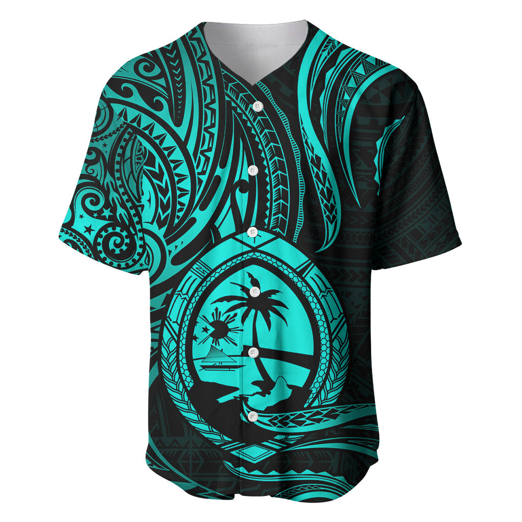 Polynesian Guam Baseball Jersey With Polynesian Tribal Tattoo and Coat of Arms Turquoise Version