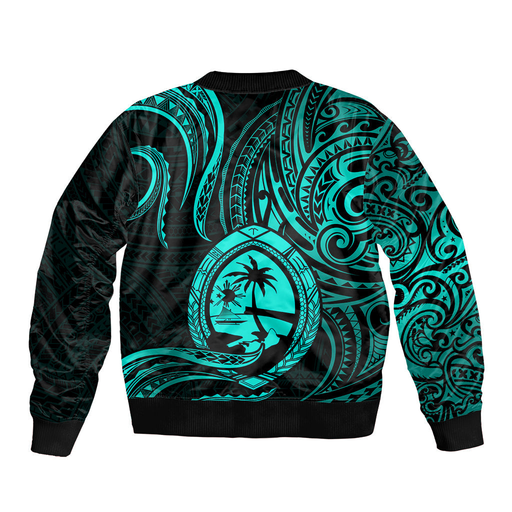 Polynesian Guam Bomber Jacket With Polynesian Tribal Tattoo and Coat of Arms Turquoise Version