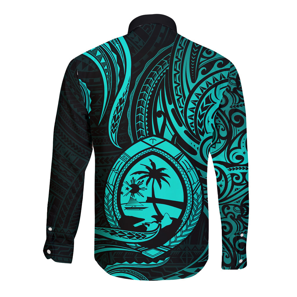 Polynesian Guam Long Sleeve Button Shirt With Polynesian Tribal Tattoo and Coat of Arms Turquoise Version