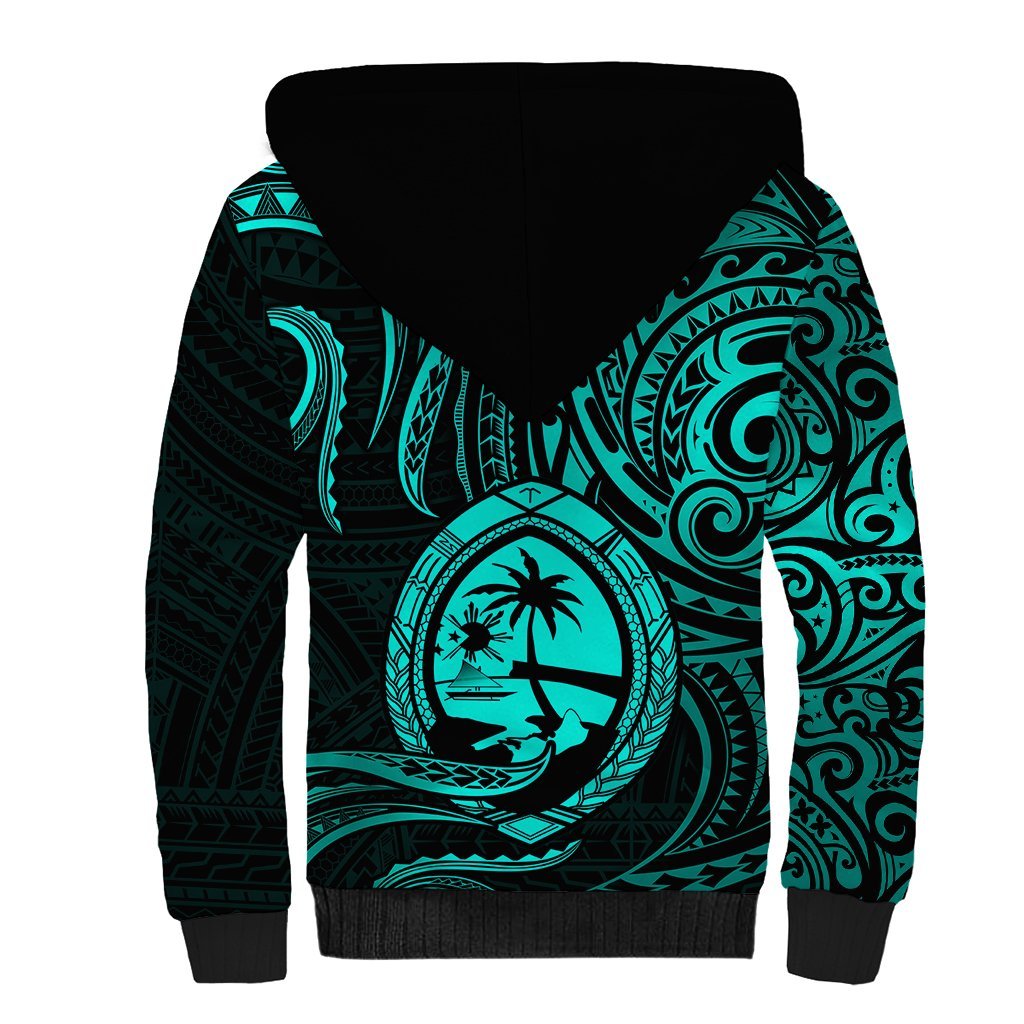 Polynesian Guam Sherpa Hoodie With Polynesian Tribal Tattoo and Coat of Arms Turquoise Version