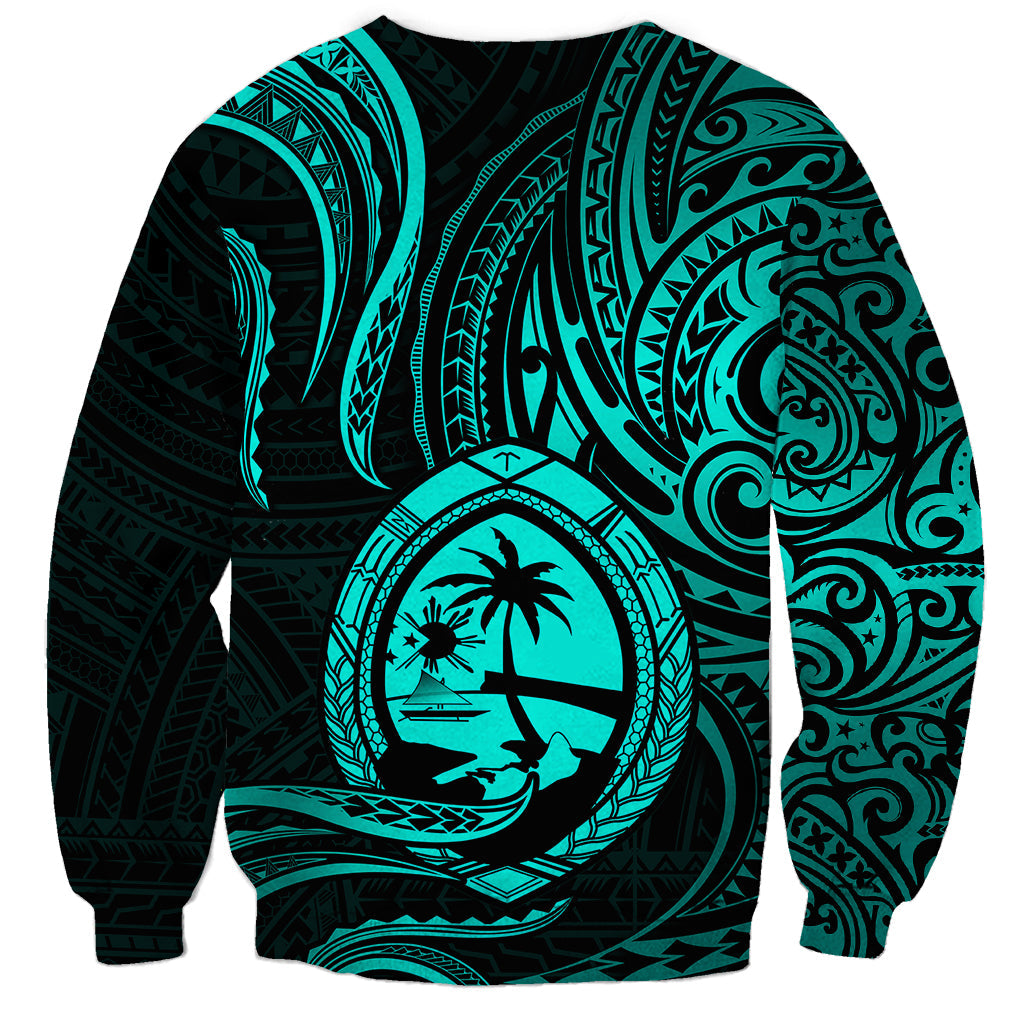 Polynesian Guam Sweatshirt With Polynesian Tribal Tattoo and Coat of Arms Turquoise Version