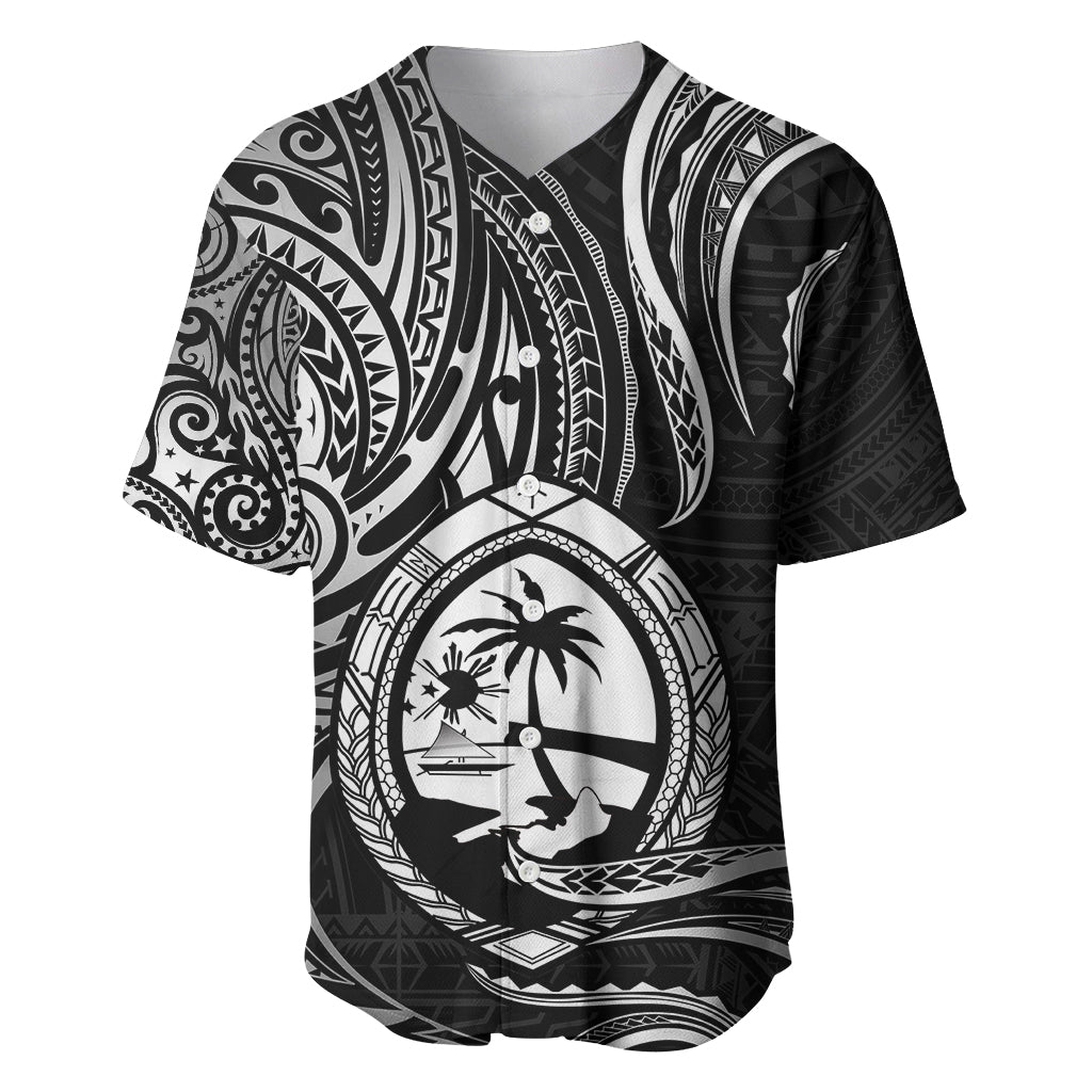 Polynesian Guam Baseball Jersey With Polynesian Tribal Tattoo and Coat of Arms Black Version