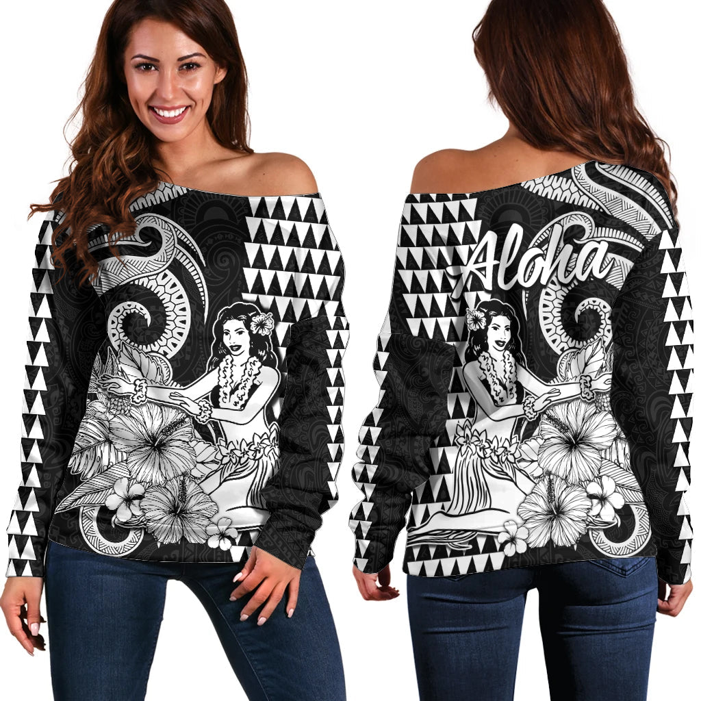 Aloha Hula Girl Hawaiian Tribal and Simple Kakau Off Shoulder Sweater