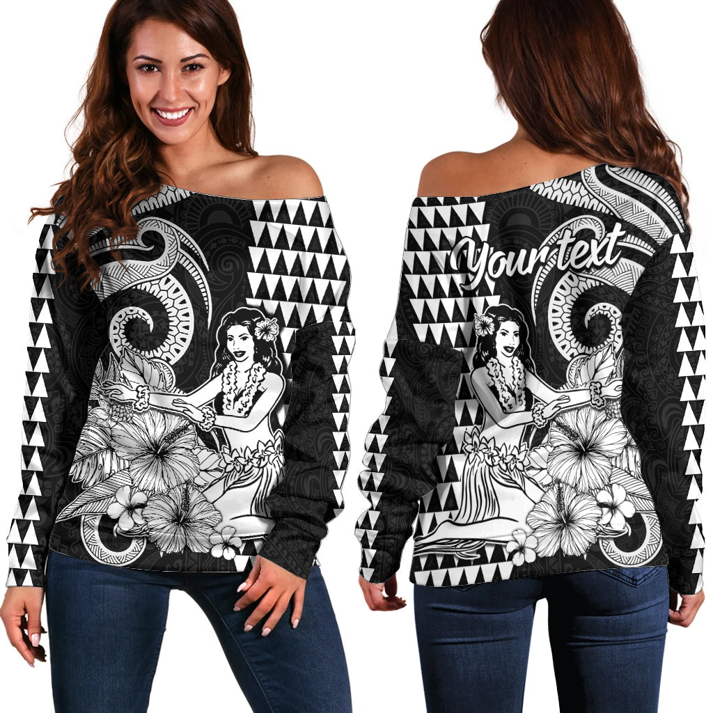 (Custom Personalised) Aloha Hula Girl Hawaiian Tribal and Simple Kakau Off Shoulder Sweater
