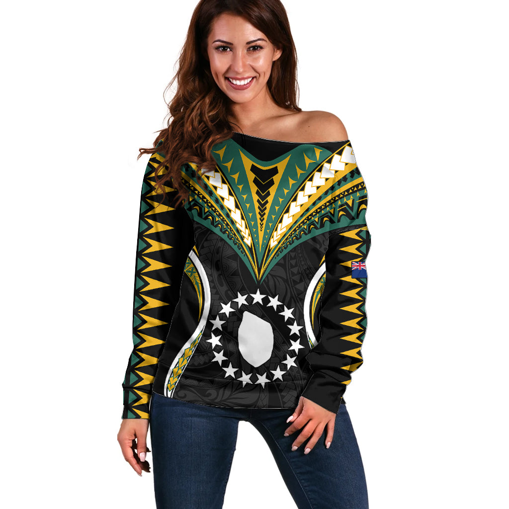Polynesian Mauke Island Off Shoulder Sweater Cook Islands Tribal Wave Style