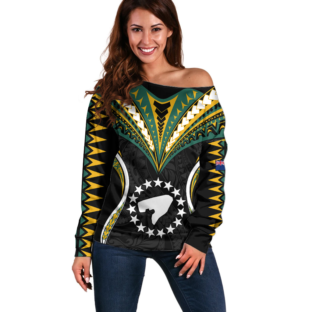 Polynesian Pukapuka Island Off Shoulder Sweater Cook Islands Tribal Wave Style